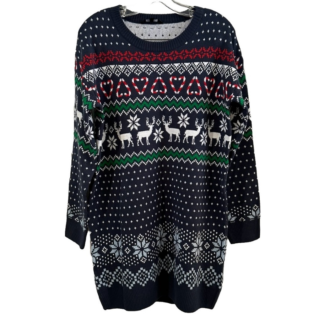Blue Fair Isle Christmas Reindeer Tunic Sweater Women’s Size Medium